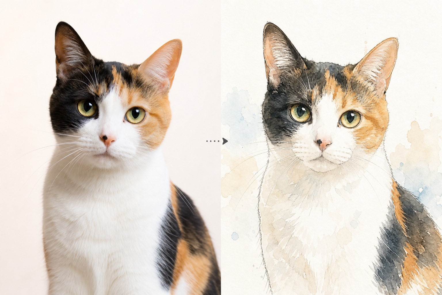 猫の写真を水彩画風のイラストにした例